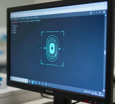Close-up photography of a secure biometric interface on a high-definition medical monitor in a professional North American clinical office. The screen displays data in medium blue and deep blue tones.