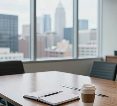 A clean, bright North American corporate board room with a large glass window overlooking a city skyline. A notebook and a cup of coffee sit on a polished wooden table. The atmosphere is professional and secure, emphasizing discretion with cool blue and off-white tones.