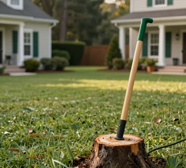 A pristine, clean residential backyard in South Carolina after a professional stump grinding service. The lawn is perfectly clear of debris, emphasizing the 'clean job site' promise. Soft afternoon lighting, serious and high-quality photography, incorporating the brand colors of deep green #2F5C3E and warm gold #B1976D.
