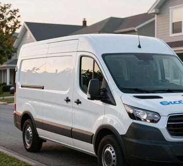 A clean, modern white auto glass service van with subtle blue branding parked on a tidy suburban street in North America, soft morning light, professional photography.