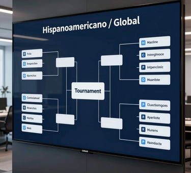 Professional high-angle shot of a sleek tournament bracket displayed on a modern glass screen in a tech-driven office, deep navy and pale blue lighting, Hispanoamericano / Global setting.