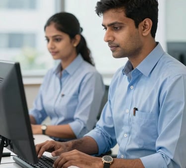 A professional computer operator and a hospitality manager in uniform working in a bright, modern South Asian / Indian office setting, clean aesthetic, slate blue and pale blue color palette.