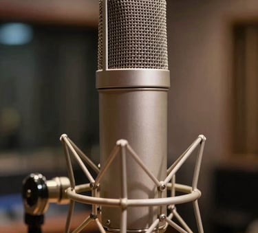 A close-up photograph of a professional condenser microphone inside a modern recording studio in Mainland China. The lighting is low-key with subtle amber glows from equipment lamps. The focus is on the metallic mesh and the precision-engineered casing, highlighting the high-quality textures of deep charcoal and off-white finishes.