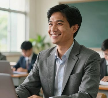 A professional educator smiling in a bright, modern Southeast Asian / Thai classroom, sunlight filtering through windows, soft seaweed green accents in the decor.