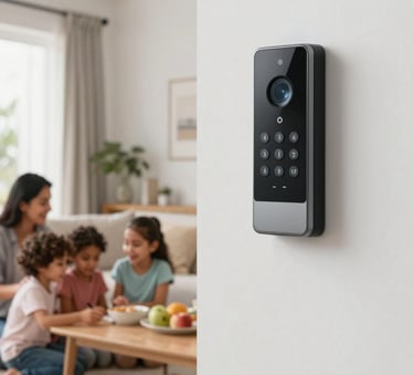 A Latin American family enjoying time in a modern, brightly lit living room, with a discreet and sleek security keypad mounted on a wall in the background, professional photography, clean composition, warm atmosphere.