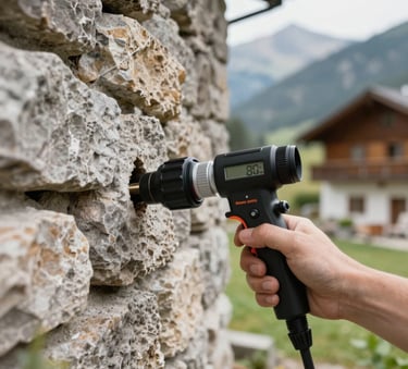 A close-up of professional leak detection equipment being used on a stone wall. The scene is shot in a natural, bright European mountain home setting. Soft natural light highlights the precision tools and the texture of the wall.