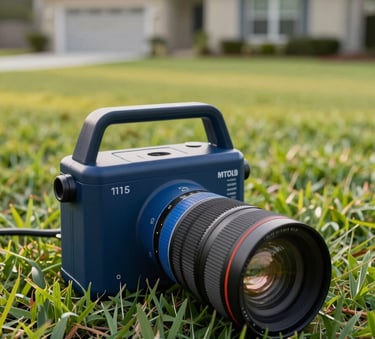 A close-up shot of professional plumbing leak detection equipment resting on a manicured green lawn at a residential property in North American / US - Florida, soft morning light, clean and professional style, featuring accents of dark navy blue and medium blue.