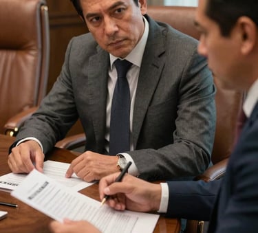 A close-up of two North American / Mexican professionals in a boardroom discussing financial documents, tobacco-colored leather chairs, strategic and serious mood, sharp focus, professional lighting.