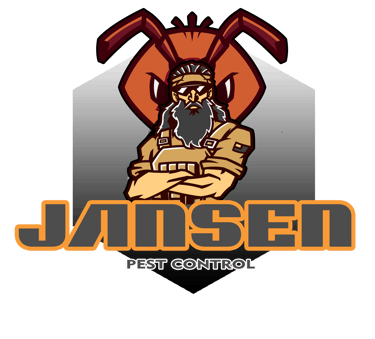 Jansen Pest Control logo featuring a bearded exterminator mascot in front of a large ant icon.