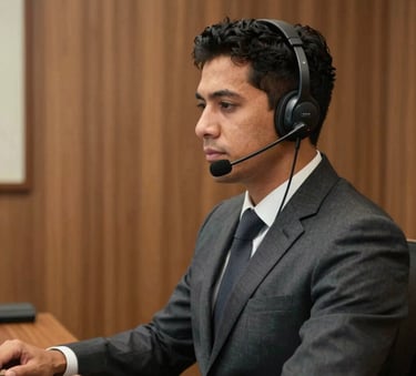 A professional attendant in a sophisticated uniform using a high-end headset in a wood-paneled office environment, South American / Brazilian context.