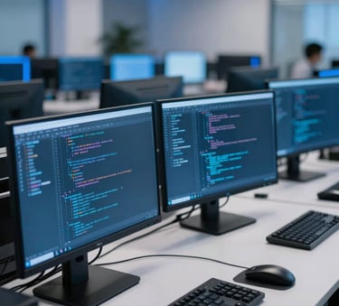 A high-performance workstation in a modern North American / US tech hub office. The scene features multiple monitors with blurred code, lit by professional Deep Blue and Steel Blue ambient lighting. Clean and sophisticated environment.