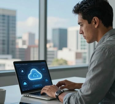 A professional at a sleek desk in a Latin American / Hispanic business district, using a laptop showing cloud computing symbols, sky blue sky visible through a modern office window.