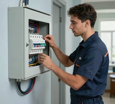 A professional electrician in a clean uniform inspecting a modern circuit breaker panel in a Middle Eastern / Turkish residential hallway, professional lighting, featuring muted slate blue and dark charcoal blue tones.