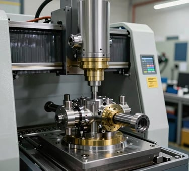 A high-precision CNC machine workshop in Jerusalem, focused on manufacturing hydraulic valves. The setting is modern and professional, with a Middle Eastern / Israeli industrial design feel. Soft lighting highlights steel and brass surfaces.