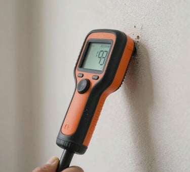 A close-up photograph of a professional moisture detection tool being used on a drywall in a North American / US (Florida) home, showing a high level of technical precision and care.