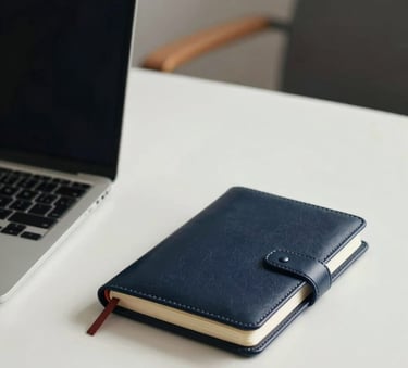 A close-up of a minimalist, modern desk in a South Asian office setting with a sleek laptop and a professional leather-bound notebook. The lighting is bright and professional, emphasizing a clean and focused work environment using tones of off-white and dark navy.