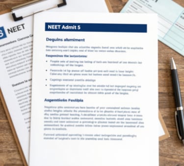 A flat lay of organized medical admission documents, a NEET admit card, and a pen on a professional wooden desk. Lighting is clear and bright. Incorporates brand colors #E0D8C0 and #0A362B.