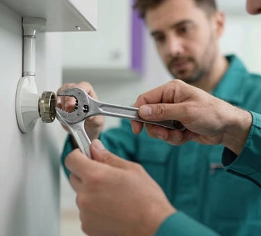 A close-up of a professional repair taking place in a modern home. A handyman's hands are visible using a wrench on a pipe. The lighting is clean and bright, with subtle teal #2A9D8F and purple #6A5B73 accents in the background environment. The style is professional and sharp.
