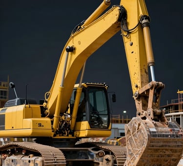 A high-precision yellow excavator working on a large-scale construction site in Turkey, sharp focus on the hydraulic arm, professional lighting, cinematic composition, vibrant yellow and deep black tones.