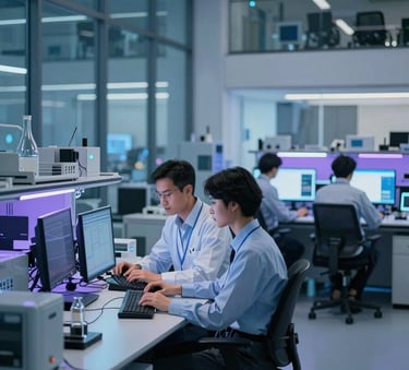 A professional North American / US corporate environment where a group of engineers works in a high-tech glass-walled laboratory featuring glowing blue and purple ambient lighting and minimalist workstations.