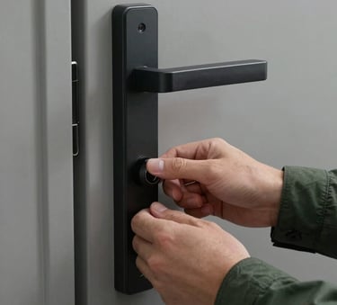 A detailed shot of a person's hand in a forest green sleeve carefully checking the lock of a sophisticated modern door. The lighting is crisp and clear, highlighting a sense of diligence and security.
