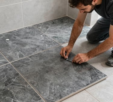 High-angle shot of a craftsman meticulously laying large format charcoal gray ceramic tiles in a modern Turkish bathroom, clean lines, professional workmanship.