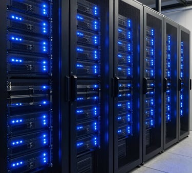 Rows of high-tech server racks in a secure data center, glowing with deep blue and royal blue LED status lights, wide angle perspective, North American / US infrastructure.