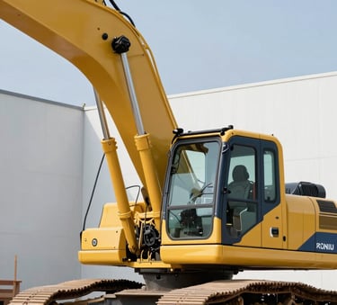 A close-up photograph of a heavy yellow excavator on a construction site, shot in the bright daylight, with a clean and modern industrial feel, featuring accents of dark slate blue and mist white in the environment.