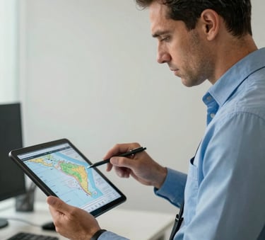 A professional security consultant in a high-end office reviewing a strategic digital map on a tablet, focused on technical details, South American / Brazilian setting, lighting in muted blue and off-white tones, professional atmosphere.