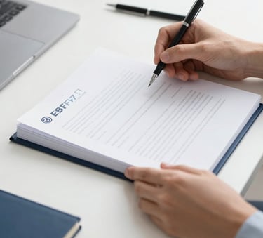Close up of professional hands organizing documents and a planner on a clean white desk, minimalist corporate style, bright and efficient atmosphere, brand colors #1F2A38 and #EBF2F7 incorporated in the stationery.