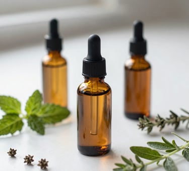 A close-up photograph of organic skincare botanical oils and fresh herbs on a clean white surface in a bright North American home setting, soft natural light, minimalist and clean composition.