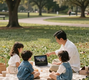 A wide-angle shot of a family picnic in a North American / US park where the father is showing a movie on a laptop to his children. The scene uses warm pearl white and muted denim blue in the clothing and accessories. Natural, bright lighting.