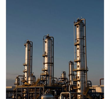 A wide-angle, professional photograph of a modern oil and gas refinery at sunset. The lighting is authoritative and clean, featuring a palette of deep navy and sage. The scene emphasizes industrial precision and safety infrastructure.