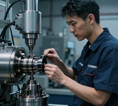 A professional engineer in a modern workshop, inspecting a complex machinery component. The lighting is dramatic and cool, with hints of muted steel blue and dark navy blue in the industrial background.