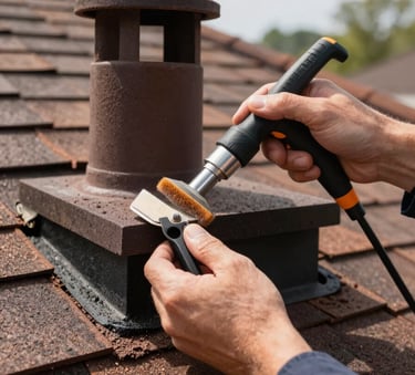 Close-up photography of a professional technician's hands using specialized cleaning tools at the top of a chimney. The setting is a North American / US residential roof under clear daylight. Accents of dark espresso and warm brown are present in the tools and roofing.