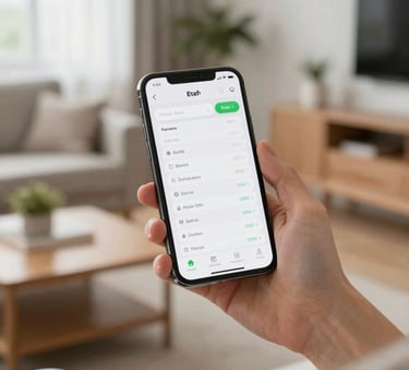 A close-up shot of hands holding a smartphone displaying a clean financial application screen in a modern Polish living room, bright clean aesthetic with natural daylight.