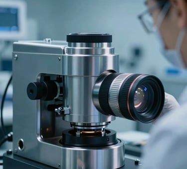 A close-up photograph of a sleek, modern industrial prototype being inspected by a professional in a laboratory setting. The scene is lit with cool soft blue light, with steel blue and dark navy tones reflecting off metallic surfaces.