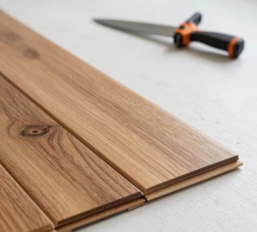 Close-up of a professional flooring installation in a North American residential home, featuring high-quality hardwood planks and precision tools on a clean white floor, bright natural lighting, minimalist aesthetic.