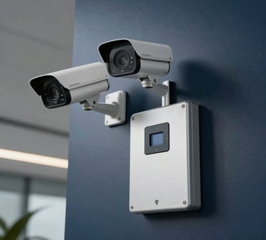 A high-definition security camera system and access control panel installed on the wall of a modern Latin American / Spanish office building, professional lighting, steel blue and dark navy tones.