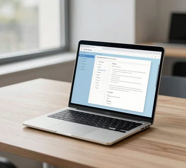 A minimalist, modern desk setup in a bright North American office. A thin bezel laptop sits on a light wood surface, displaying a clean and well-structured user interface design with light blue and off-white accents. Soft daylight filters in from a large window.