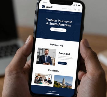 A close-up of a high-end smartphone screen displaying a sleek business landing page, held by a professional in a South American / Brazilian corporate environment, deep midnight blue accents.