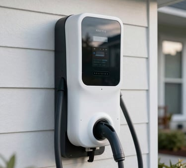 Close-up of a modern electric vehicle charging station neatly installed on a clean residential wall in a British Columbia neighborhood, reflecting premium craftsmanship.
