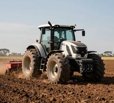 A powerful modern tractor plowing the earth in preparation for planting, South American Brazilian landscape, clear sky, professional agricultural photography, wide shot showing depth and efficiency.