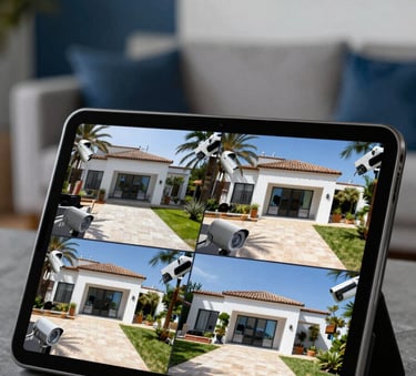 A close-up of a tablet screen displaying high-definition live feeds from security cameras monitoring a contemporary villa in the Spanish / Iberian Peninsula. The background shows a soft-focus modern living room with deep blue and light grey accents.