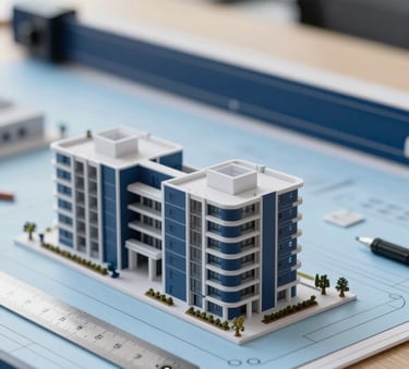 A close-up of a high-end architectural model and a technical ruler on a desk, soft professional lighting, incorporating the brand colors of dark blue #1A2C3D and light blue #A0BCCB in the background materials.