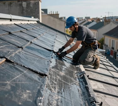 A close-up of professional roofing work being performed on a flat roof in a European / French urban setting. Detailed shot of waterproofing membranes being applied. The scene features tones of dark slate grey and cadet blue under a clear sky.
