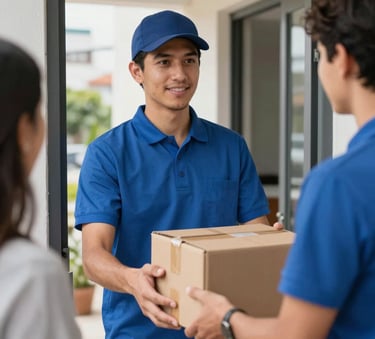 A close-up photograph of a professional delivery person in a clean uniform handing a cardboard package to a customer at a modern apartment doorway in a South American city. Natural daylight, shallow depth of field, high-quality professional photography.