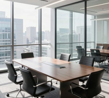 A high-angle professional shot of a clean, modern North American corporate board room with glass walls and minimalist furniture, bright natural daylight reflecting off polished surfaces.