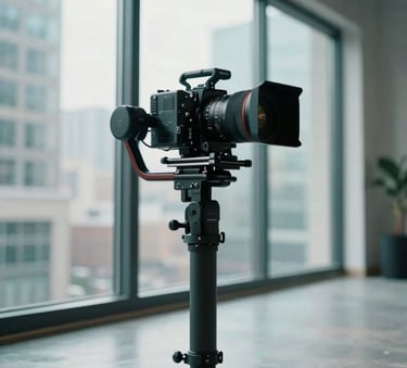 A high-end cinema camera on a professional stabilizer, positioned in a modern North American / US urban loft with large windows. The lighting is sophisticated, with deep ocean teal shadows and mist white highlights.