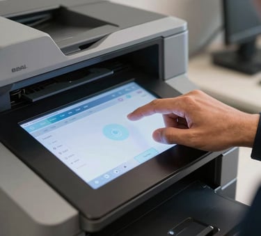 A detailed close-up of a person's hand interacting with a modern high-tech digital touch screen on a professional multifunctional printer, soft light blue glow, Latin American / Spanish-speaking office environment.